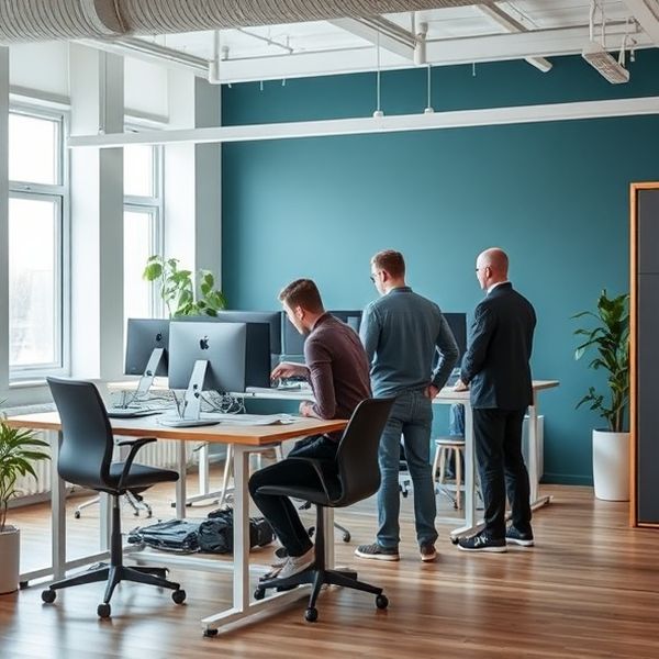 Kleines Berliner Softwareteam bei der Zusammenarbeit an Stehschreibtischen